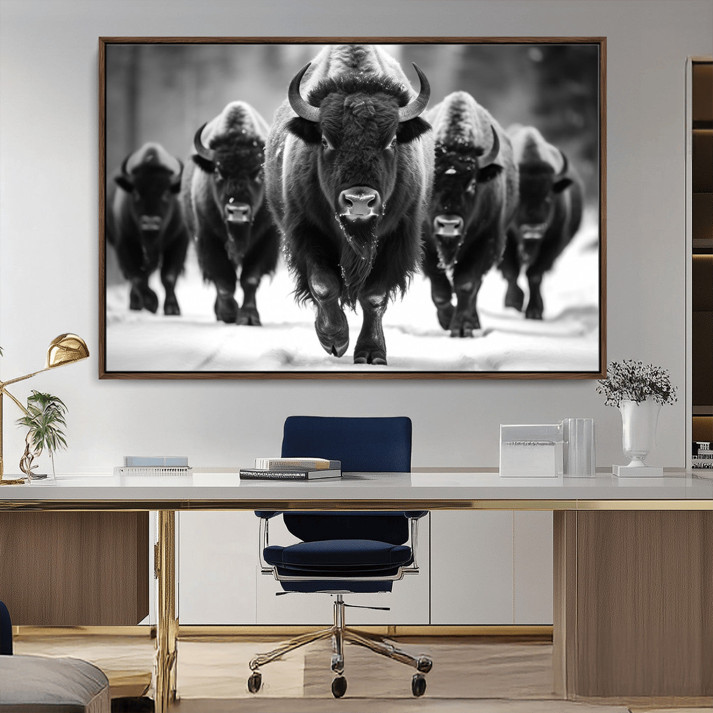 79872-MGV-CV-36X24-Bison Herd Wall Art – Black and White Buffalo on Snow Canvas Print, Rustic Wildlife Decor for Lodge, Cabin, or Living Room
