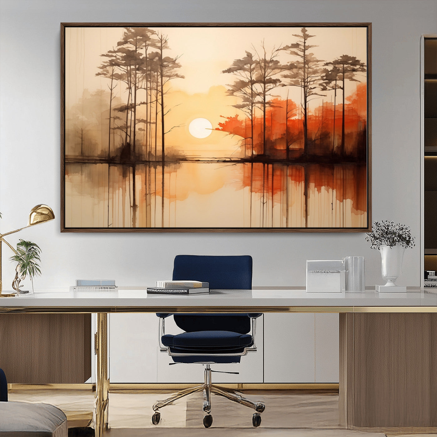 51083-MGV-CV-36X24-Sunset Lake Forest Wall Art – Serene Trees and Orange Sky Reflection Canvas Print, Tranquil Nature Decor for Living Room, Office