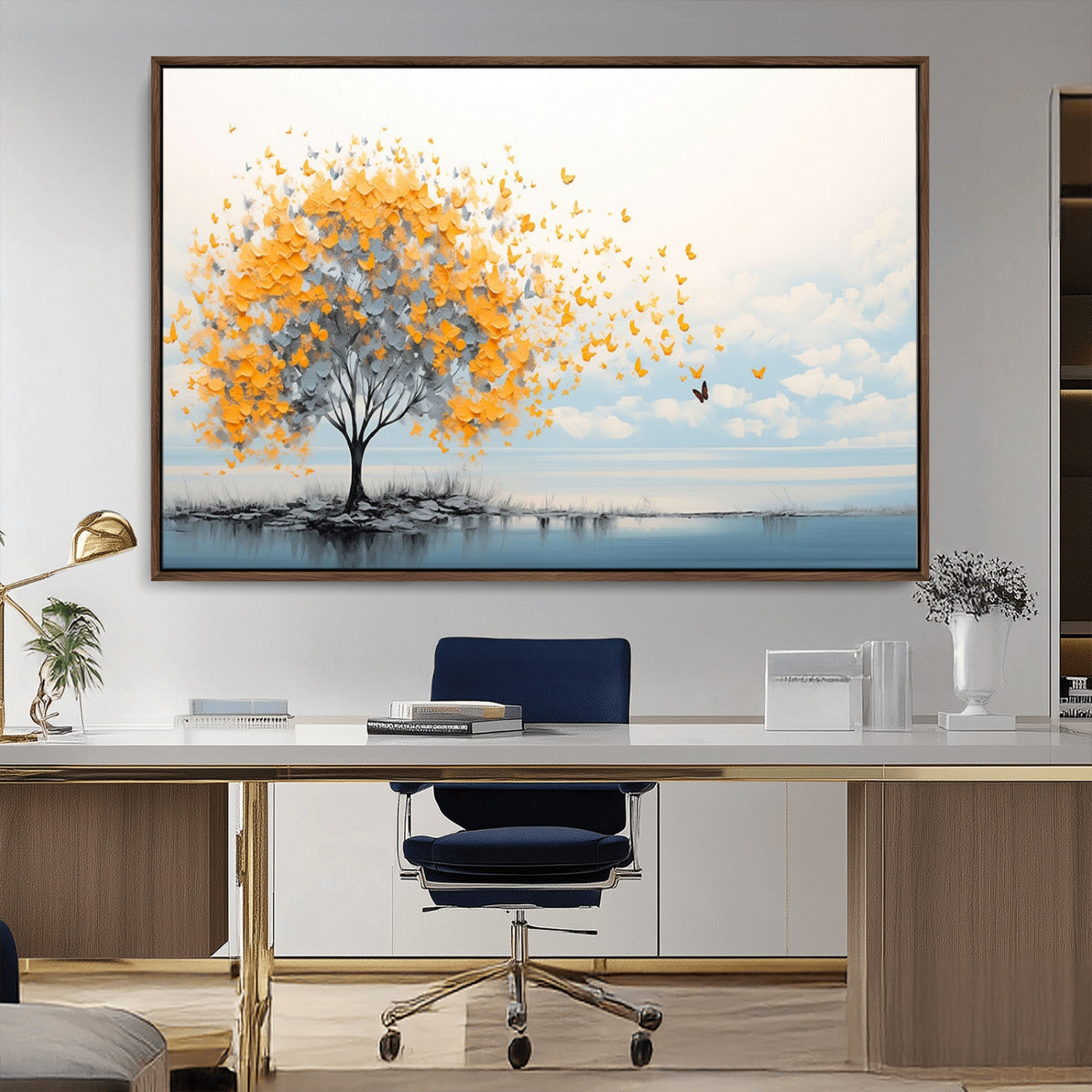23385-MGV-CV-36X24-Golden Butterfly Tree Wall Art – Abstract Yellow and Gray Canvas Print, Modern Nature Artwork for Living Room, Bedroom or Office