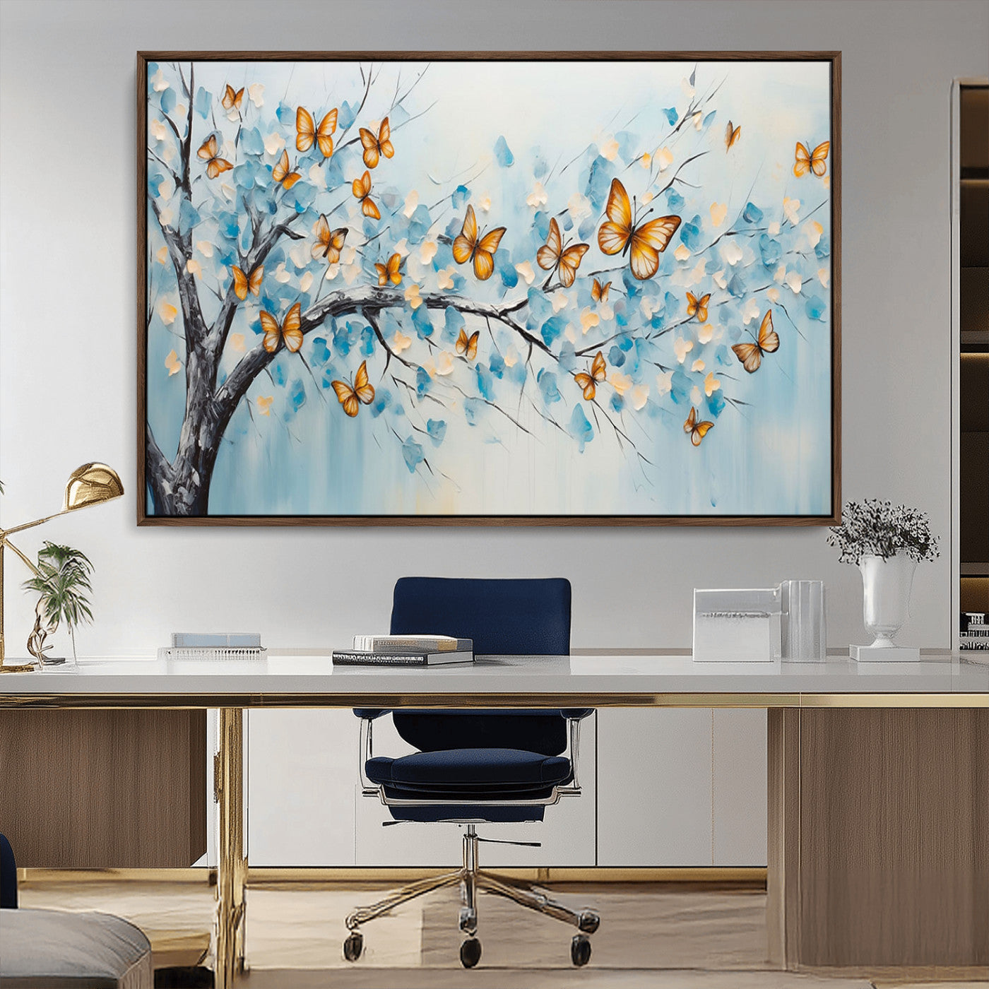 59455-MGV-CV-36X24-Butterfly Tree Branch Wall Art – Blue and Yellow Abstract Canvas Print, Modern Nature Artwork for Living Room, Bedroom or Office