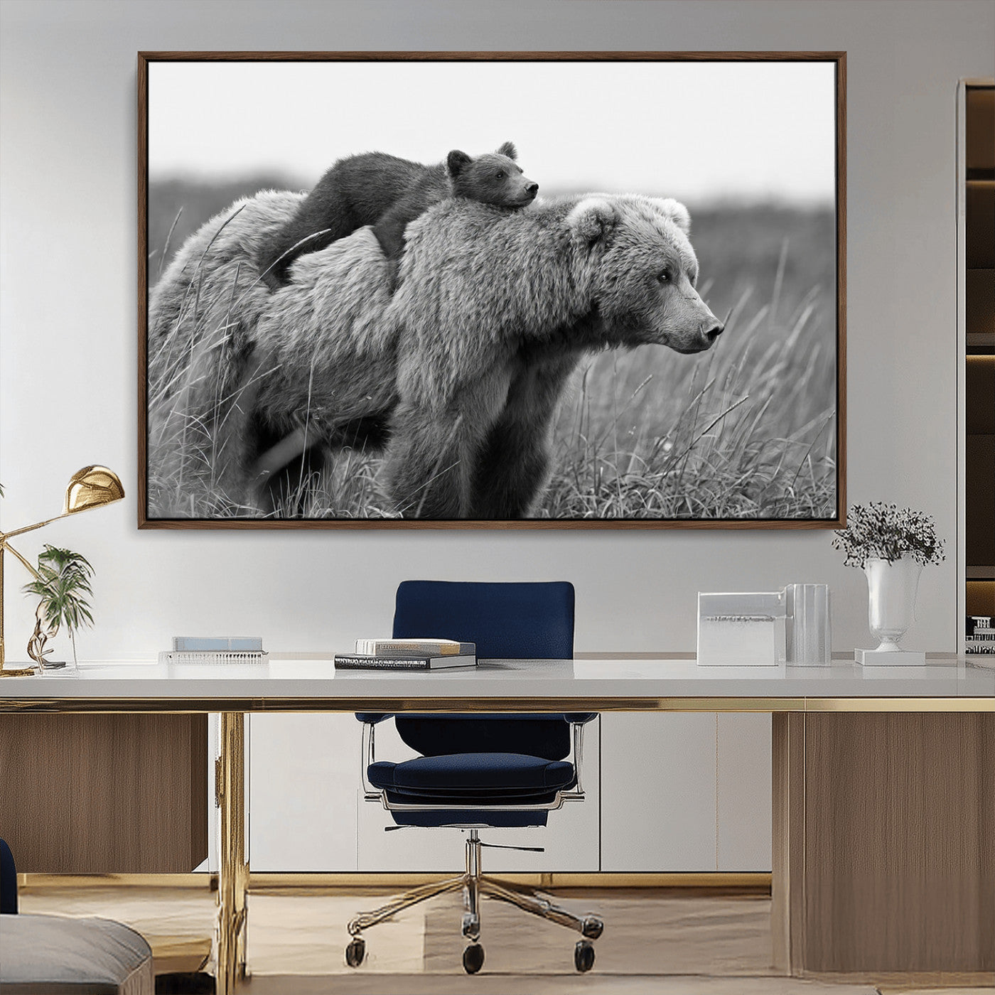 76338-MGV-CV-36X24-Mother Bear and Cub Wall Art – Black and White Wildlife Canvas Print, Rustic Nature Photography for Cabin, Living Room or Office