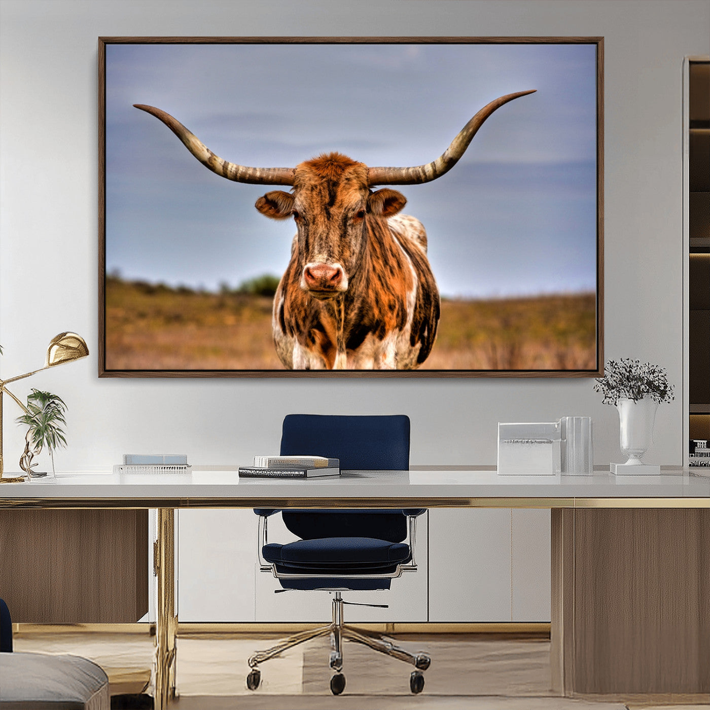 18594-MGV-CV-36X24-Texas Longhorn Bull Wall Art – Rustic Western Cattle Canvas Print, Country Farmhouse Decor for Living Room, Office or Cabin