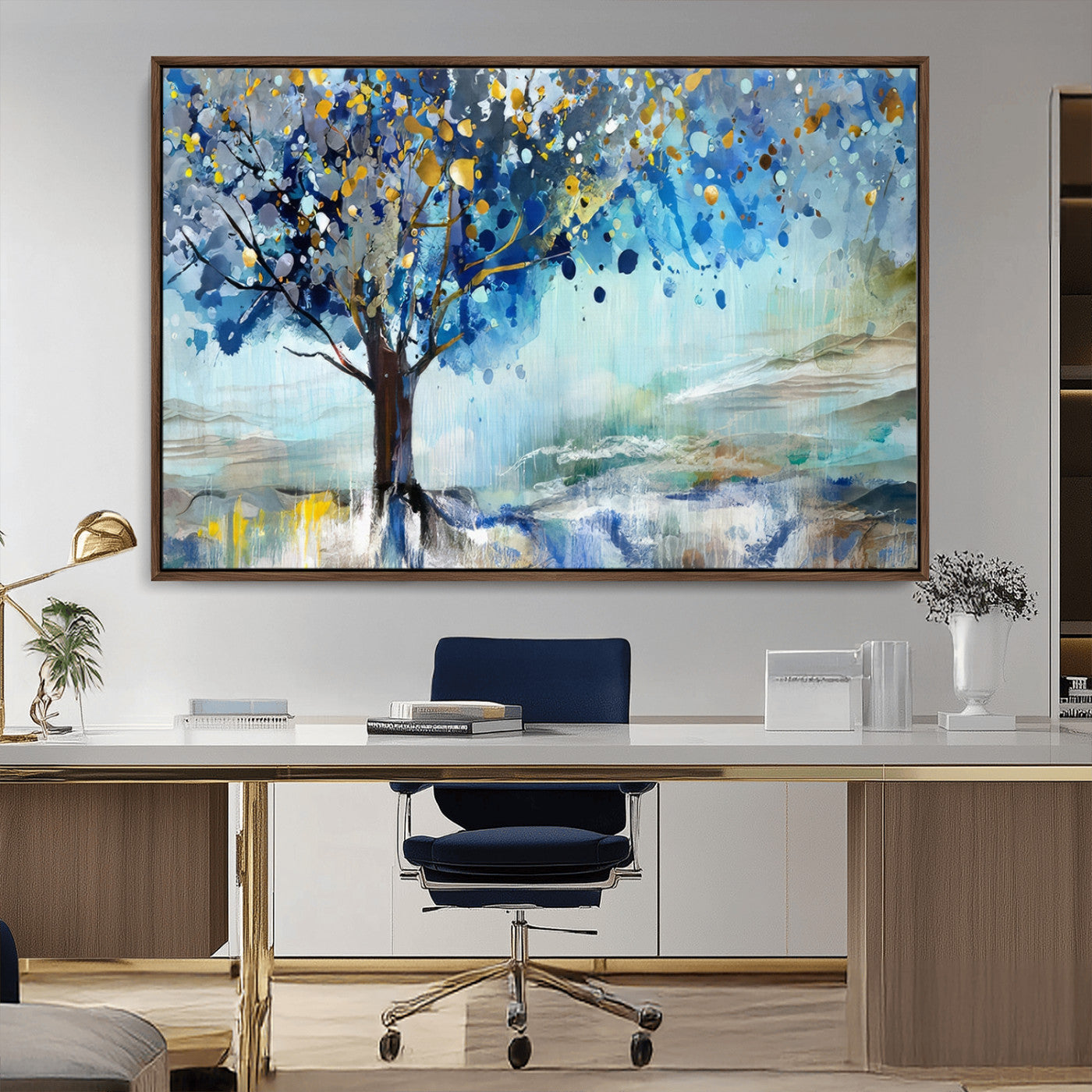 17018-MGV-CV-36X24-Abstract Blue Tree Wall Art – Colorful Canvas Painting with Gold and Silver Accents, Modern Nature Artwork for Living Room,