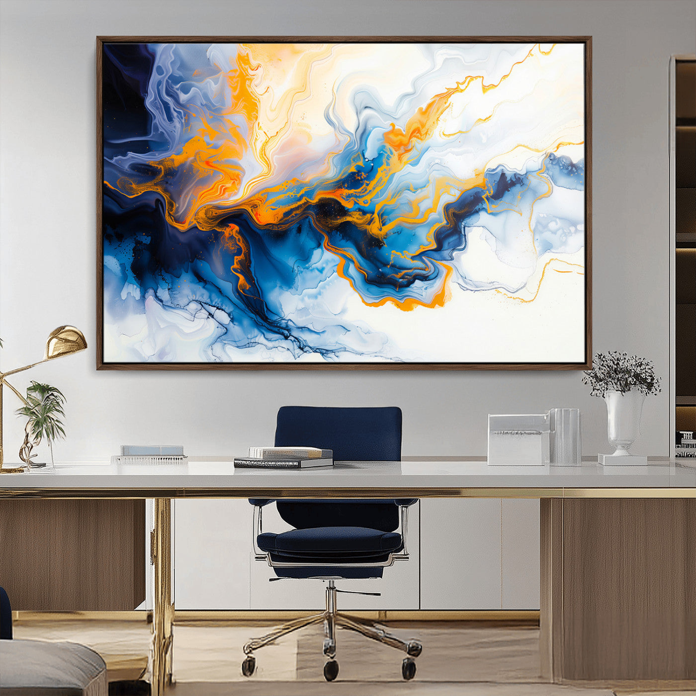 83720-MGV-FC-36X24_Walnut-Abstract Fluid Wall Art – Blue, White and Gold Swirl Canvas Painting, Modern Contemporary Artwork for Living Room, Bedroom or