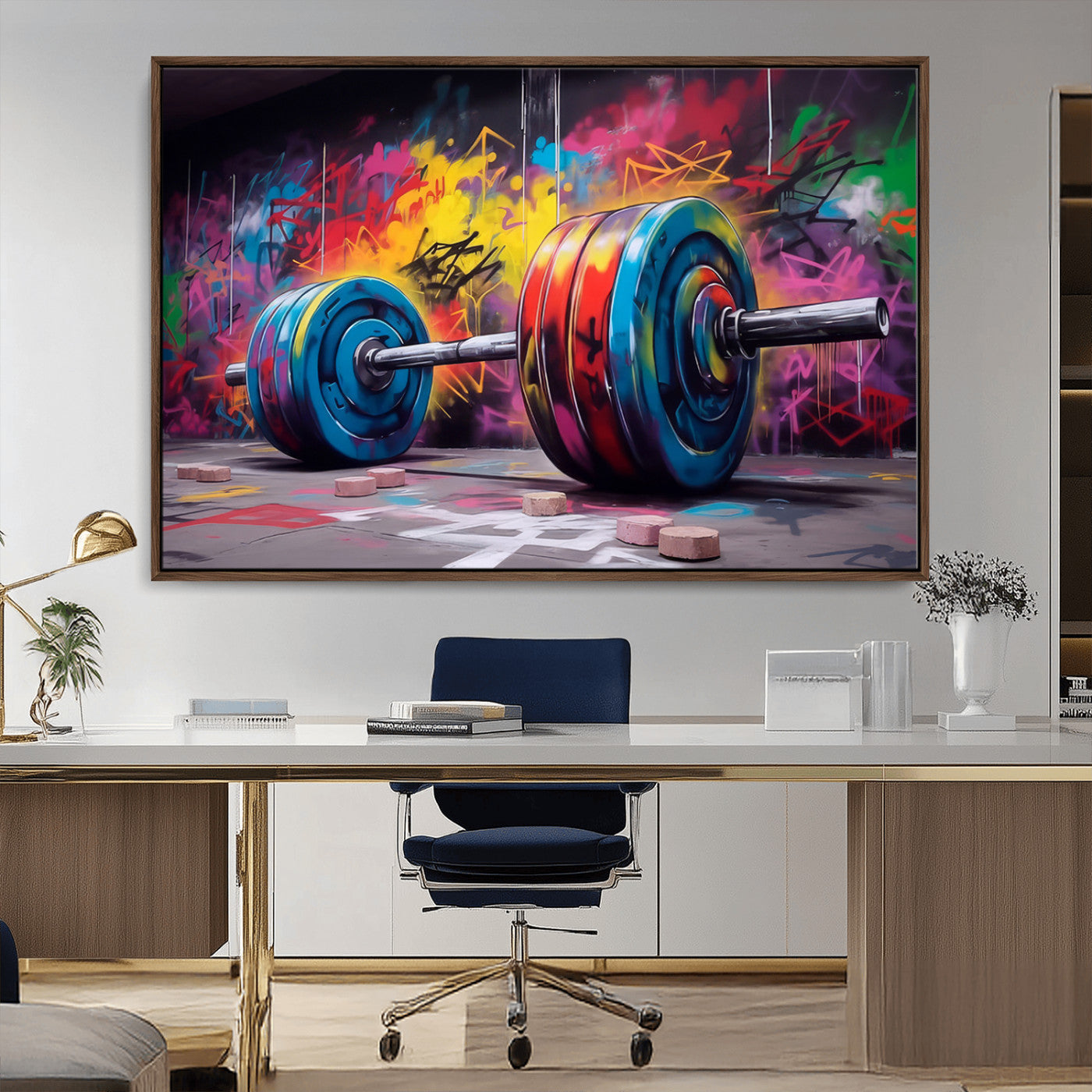 13549-MGV-CV-36X24-Graffiti Gym Wall Art Canvas Print, Framed Graffiti Barbell Art Picture Print, Weightlifting Perfect Fitness Studio Decor Artwork