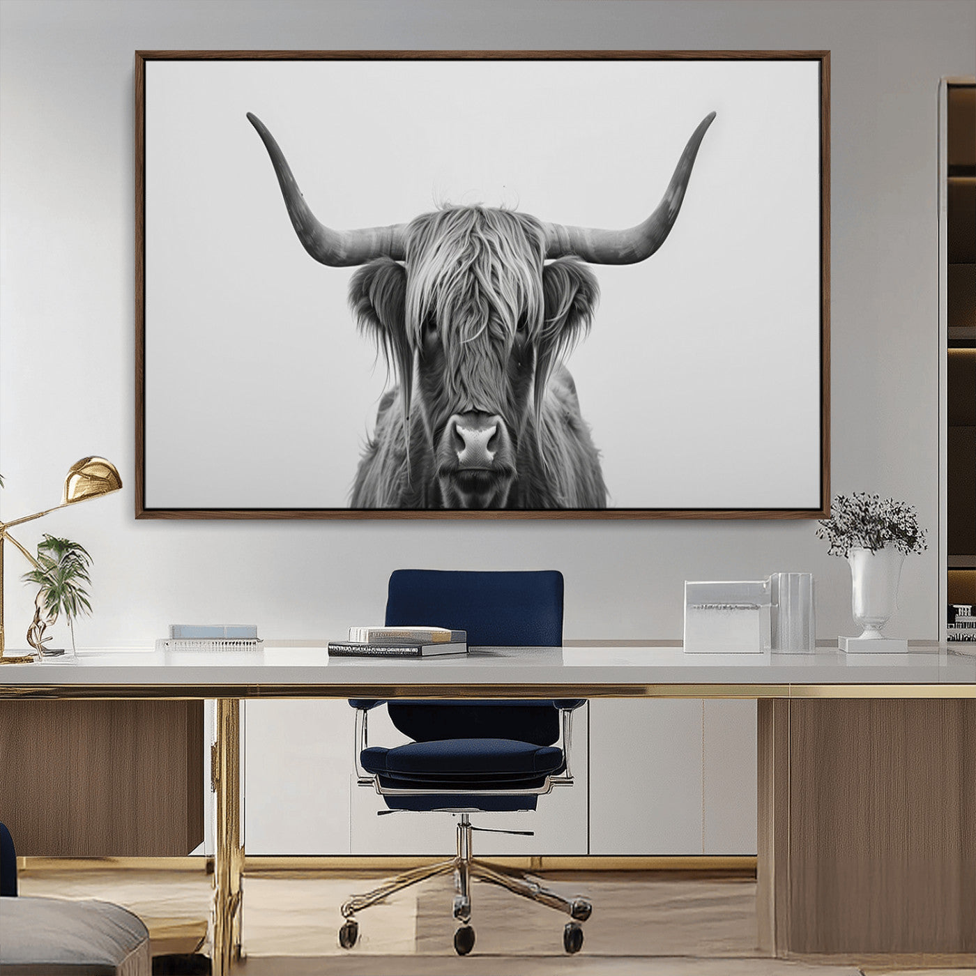 35820-MGV-CV-36X24-Minimalist Highland Cow Wall Art – Black and White Longhorn Cattle Canvas Print, Modern Farmhouse Animal Photography Decor for