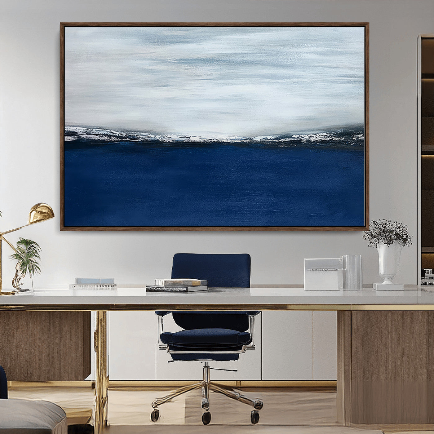62197-MGV-CV-36X24-Abstract Ocean Wall Art – Minimalist Blue and White Canvas Print, Modern Coastal Seascape Painting for Bedroom, Living Room or