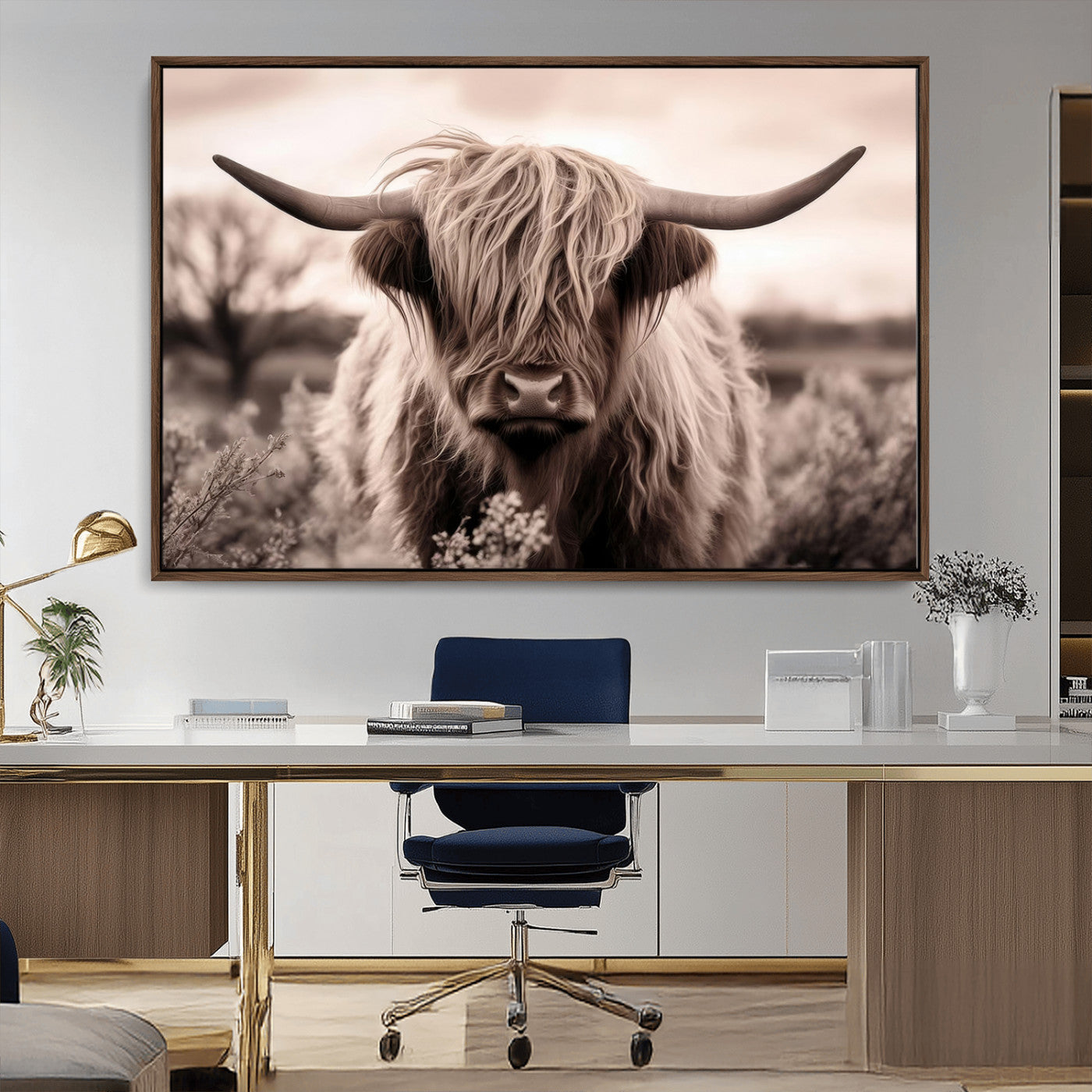 55903-MGV-CV-36X24-Highland Cow Wall Art – Rustic Sepia Scottish Highland Bull Canvas Print, Farmhouse Country Animal Decor for Living Room, Bedroom