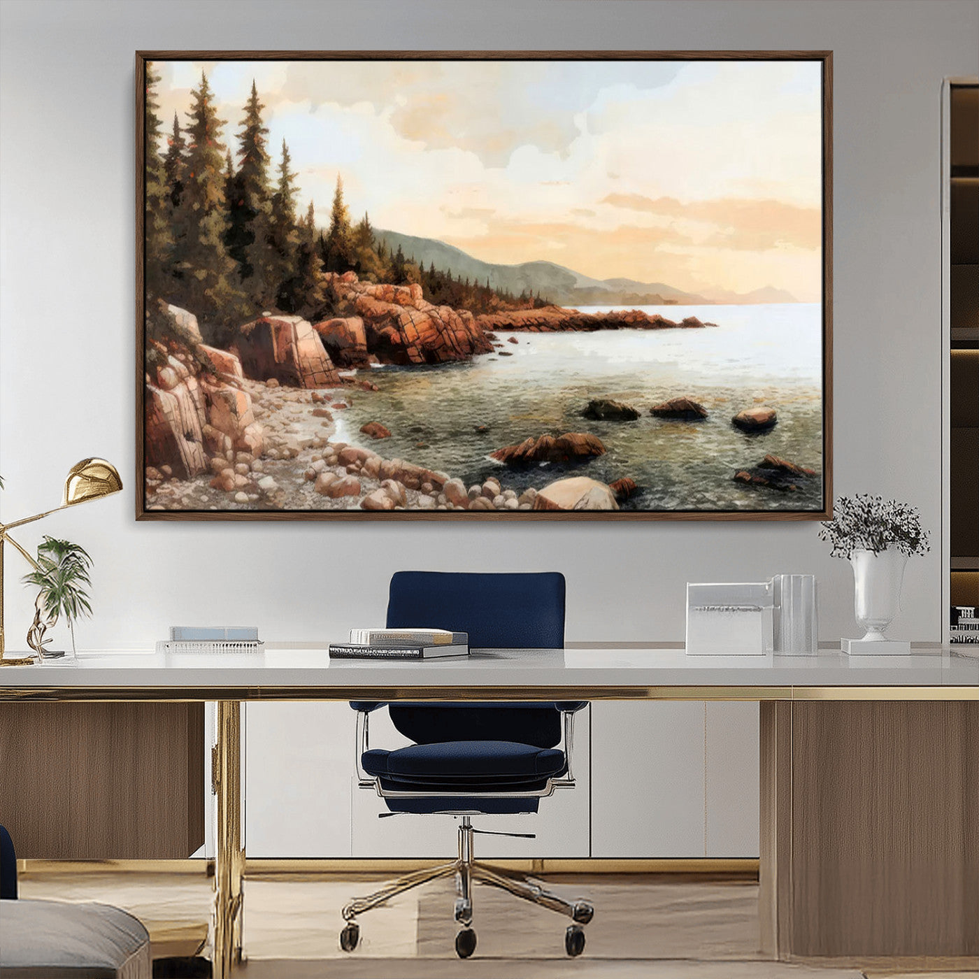 77145-MGV-CV-36X24-Coastal Landscape Wall Art – Panoramic Rocky Shoreline and Pine Trees Canvas Print, Rustic Nature Decor for Cabin, Lodge, Office,