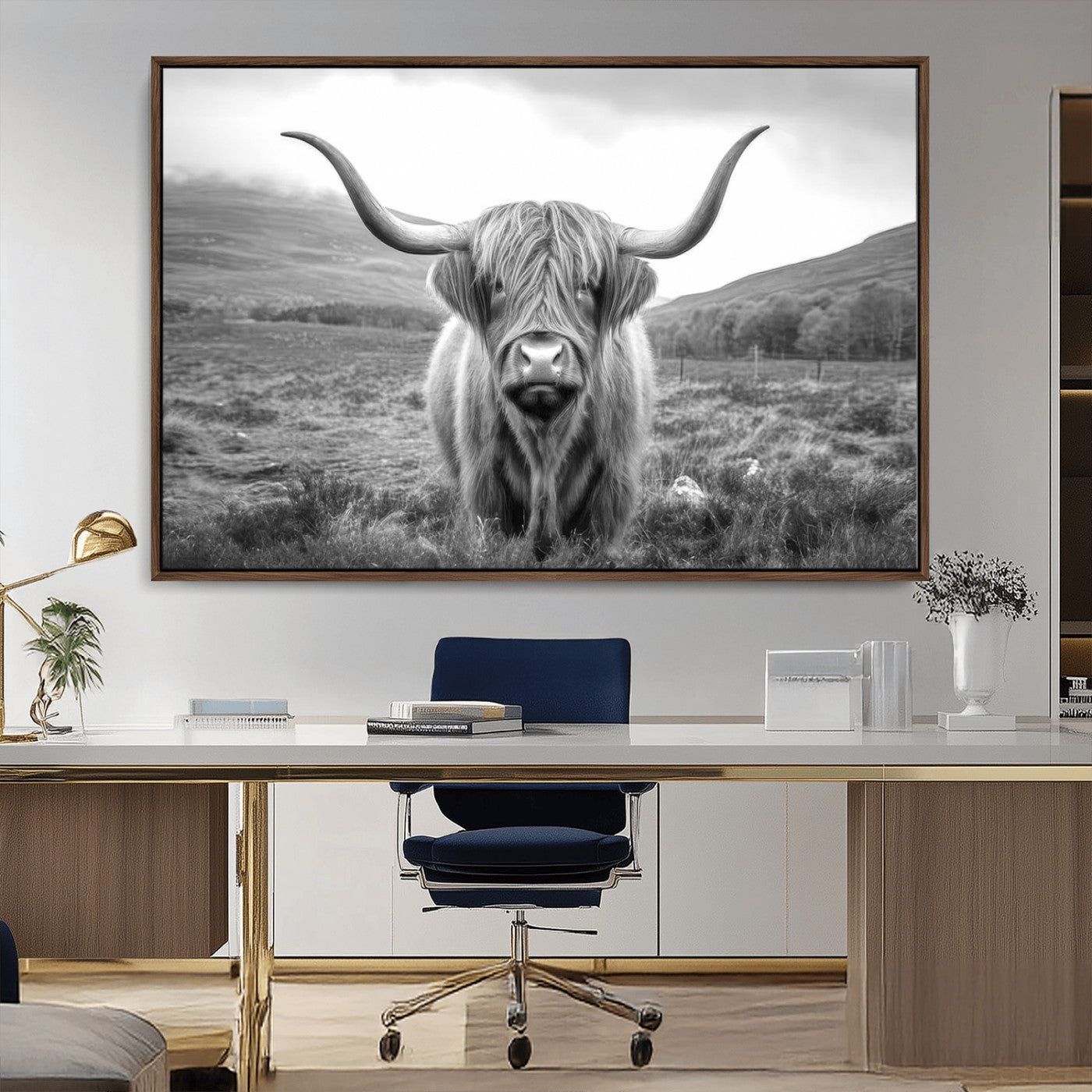 52903-MGV-FC-36X24_Walnut-Highland Cow Wall Art – Black and White Canvas Print Rustic Cattle Portrait, Farmhouse Country Decor for Living Room, Office,