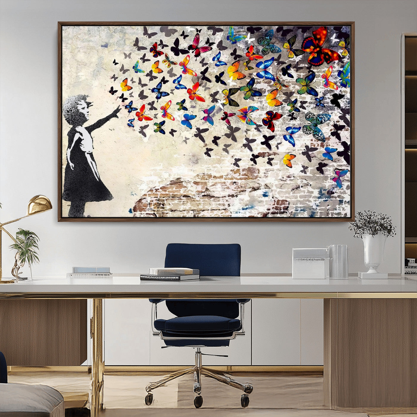 97895-MGV-CV-36X24-Girl with Butterflies Wall Art – Colorful Street Art Style Canvas Print, Modern Graffiti-Inspired Butterfly Artwork for Living