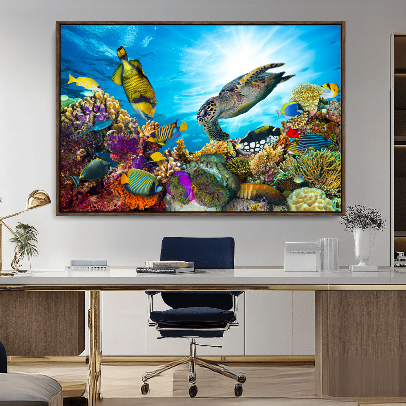 44772-MGV-CV-36X24-Underwater Sea Turtle Wall Art – Vibrant Coral Reef and Tropical Fish Canvas Print, Ocean Marine Life Decor for Living Room,