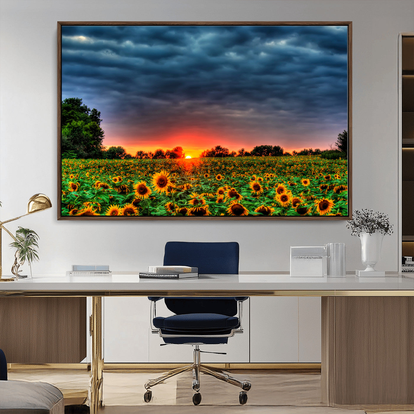 45045-MGV-FC-36X24_Walnut-Sunflower Field Sunset Wall Art – Dramatic Stormy Sky Landscape Print, Vibrant Yellow Floral Nature Canvas for Living Room,