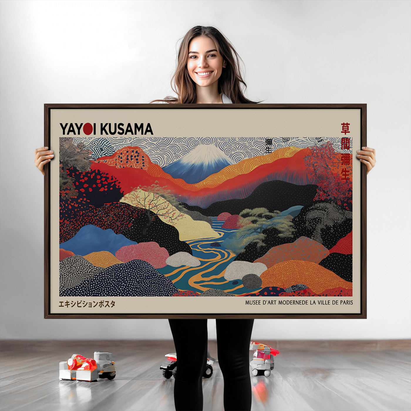 49228-MGV-FC-93X47-3P_Black-Kusama Wall Art – Vibrant Japanese Landscape Canvas Print, Modern Abstract Mountain and River Decor for Living Room, Office or Art