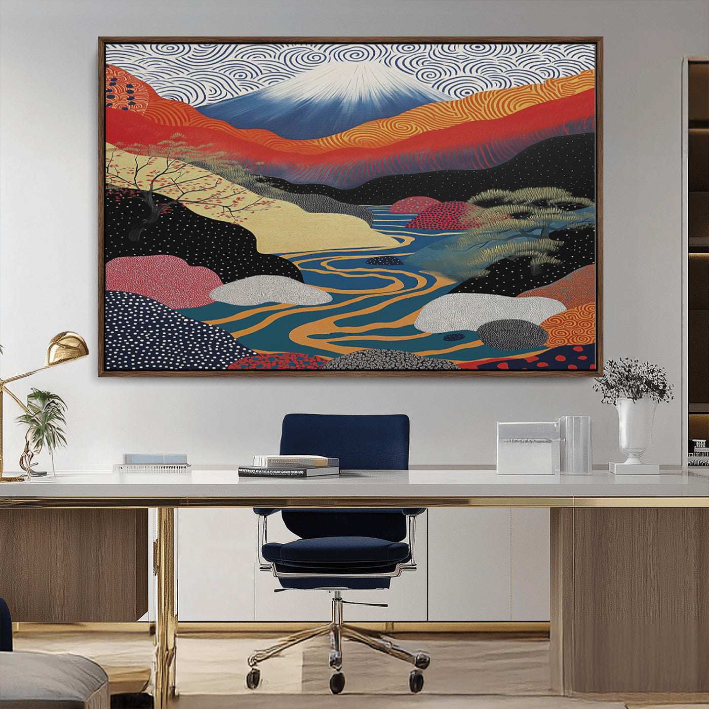 32131-MGV-CV-36X24-Japanese Mount Fuji Wall Art – Abstract Landscape Canvas Print with Swirling Sky & River, Modern Minimalist Asian Inspired Poster