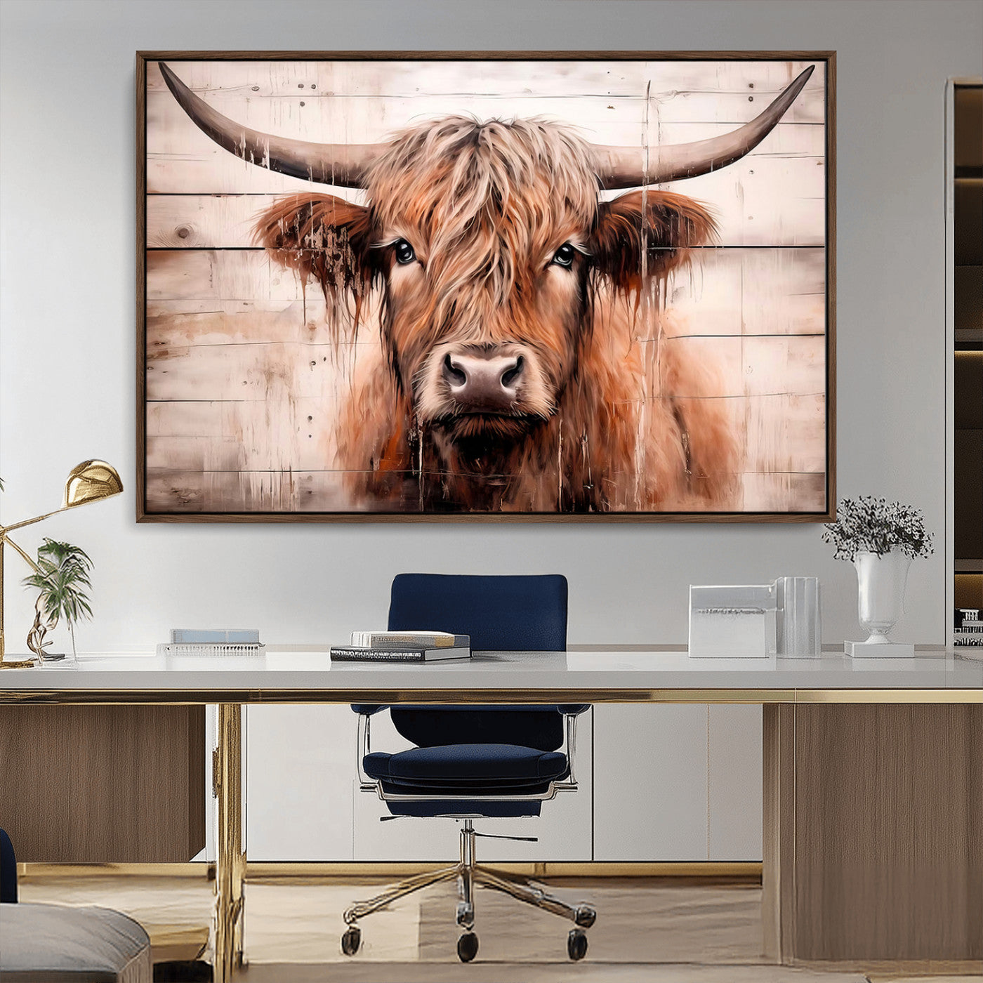93730-MGV-CV-36X24-Scottish Cow Wall Art Canvas Print, Framed Longhorn Cow Art Picture Print, Highland Cattle Perfect Rustic Farmhouse Decor Artwork
