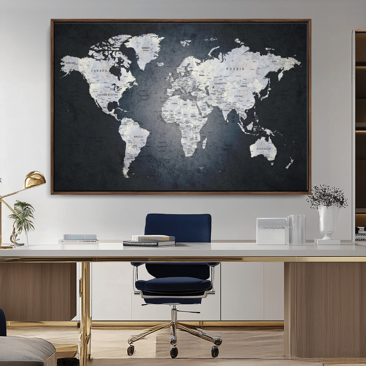19124-MGV-CV-36X24-Modern World Map Wall Art – Black and White Canvas Print, Minimalist Global Map Decor for Office, Study, Bedroom or Living Room