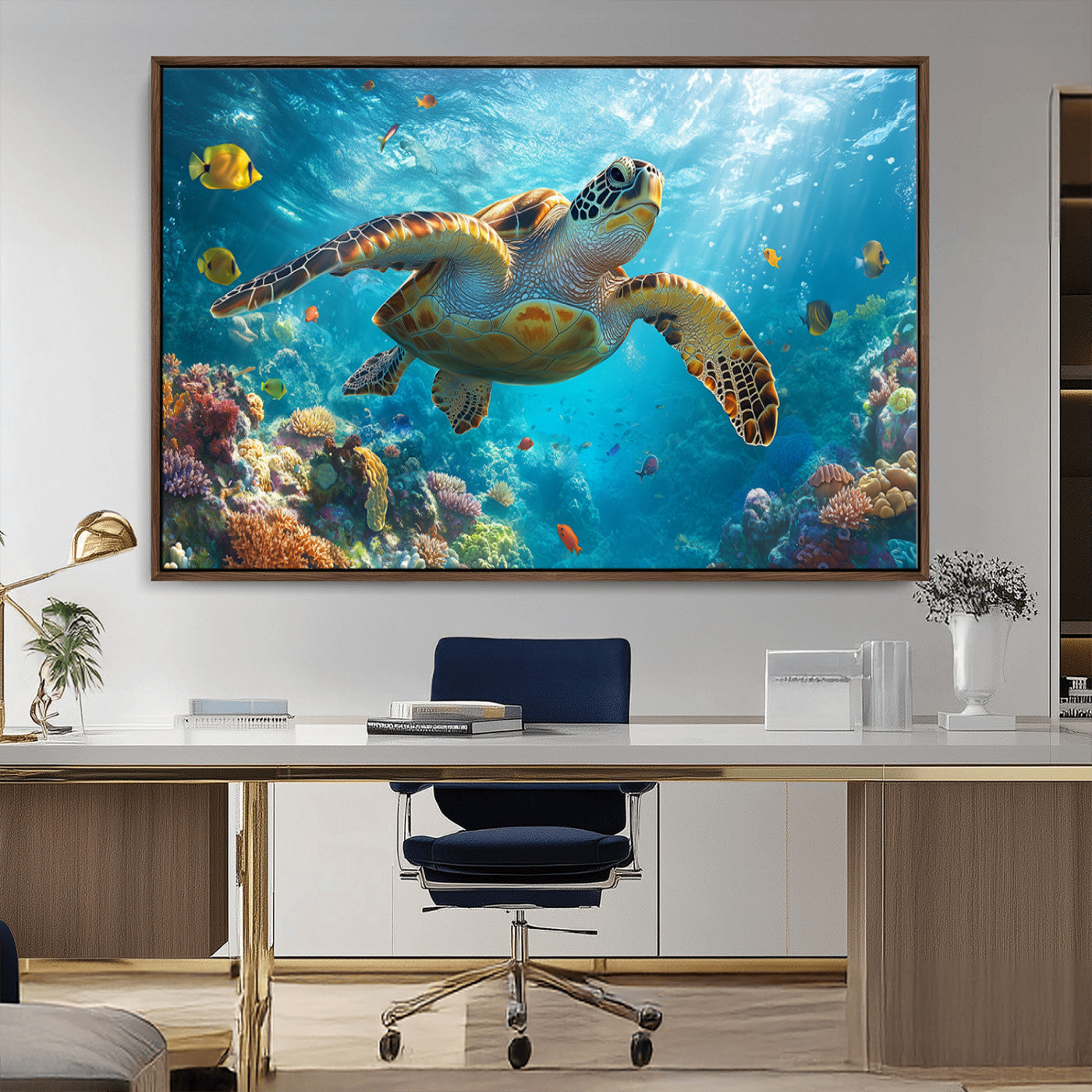37623-MGV-CV-36X24-Sea Turtle Wall Art – Underwater Ocean Canvas Print with Coral Reef and Tropical Fish, Marine Life Painting Poster for Living