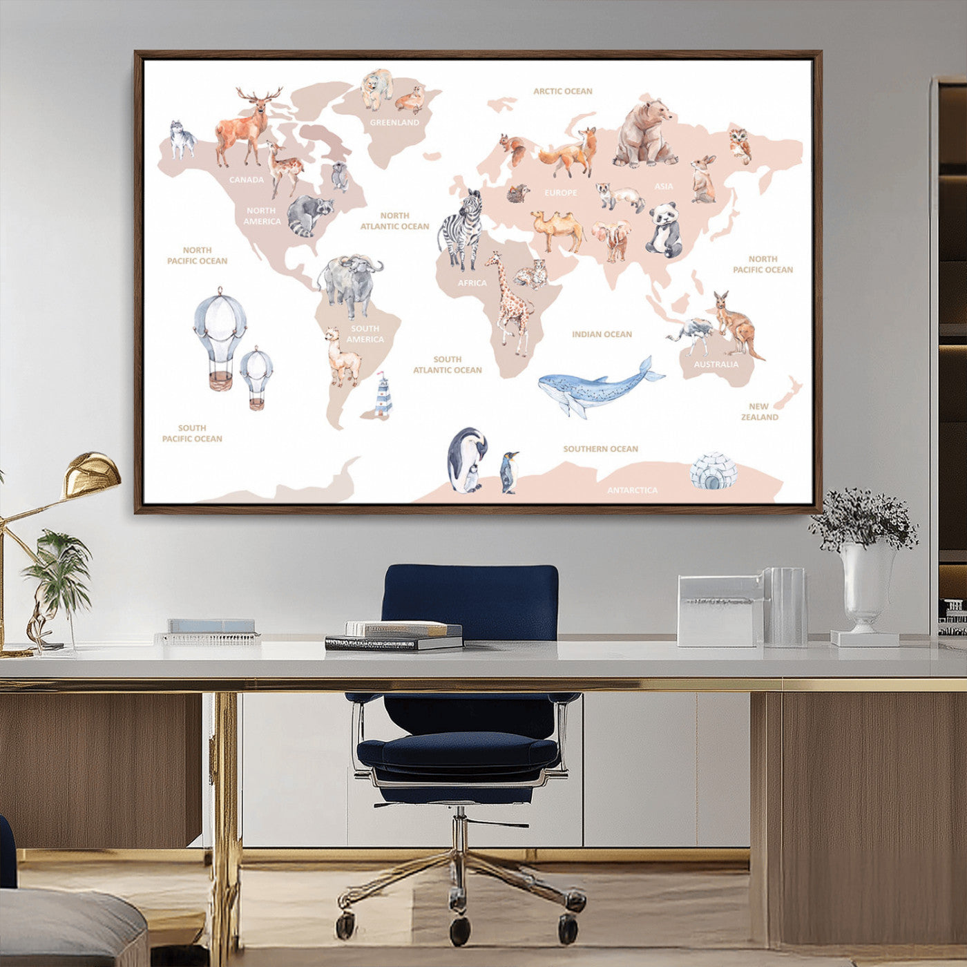 30495-MGV-CV-36X24-Animal World Map Wall Art – Watercolor Animal Canvas Print, Educational Global Map Poster for Kids Room, Nursery, Playroom,