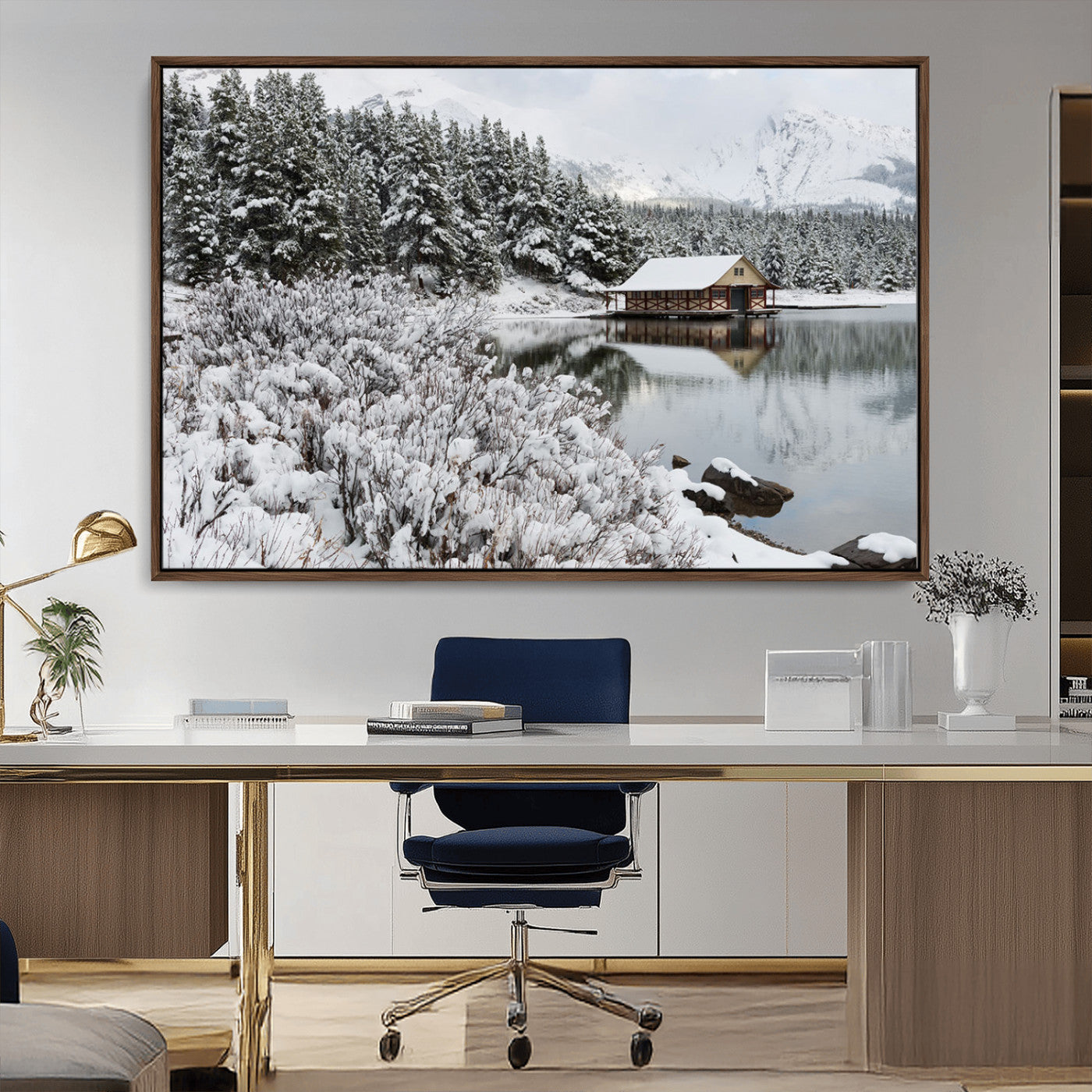 29975-MGV-CV-36X24-Winter Cabin by the Lake Wall Art – Snowy Mountain Landscape Canvas Print, Rustic Lodge Cabin Decor for Cozy Living Room, Bedroom