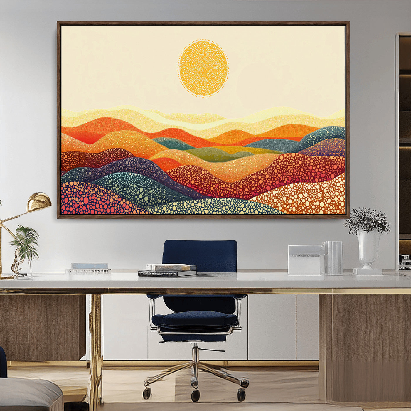 39446-MGV-CV-36X24-Abstract Sun and Hills Wall Art – Colorful Pointillism Landscape Canvas Print, Modern Geometric Sunset Painting for Living Room,
