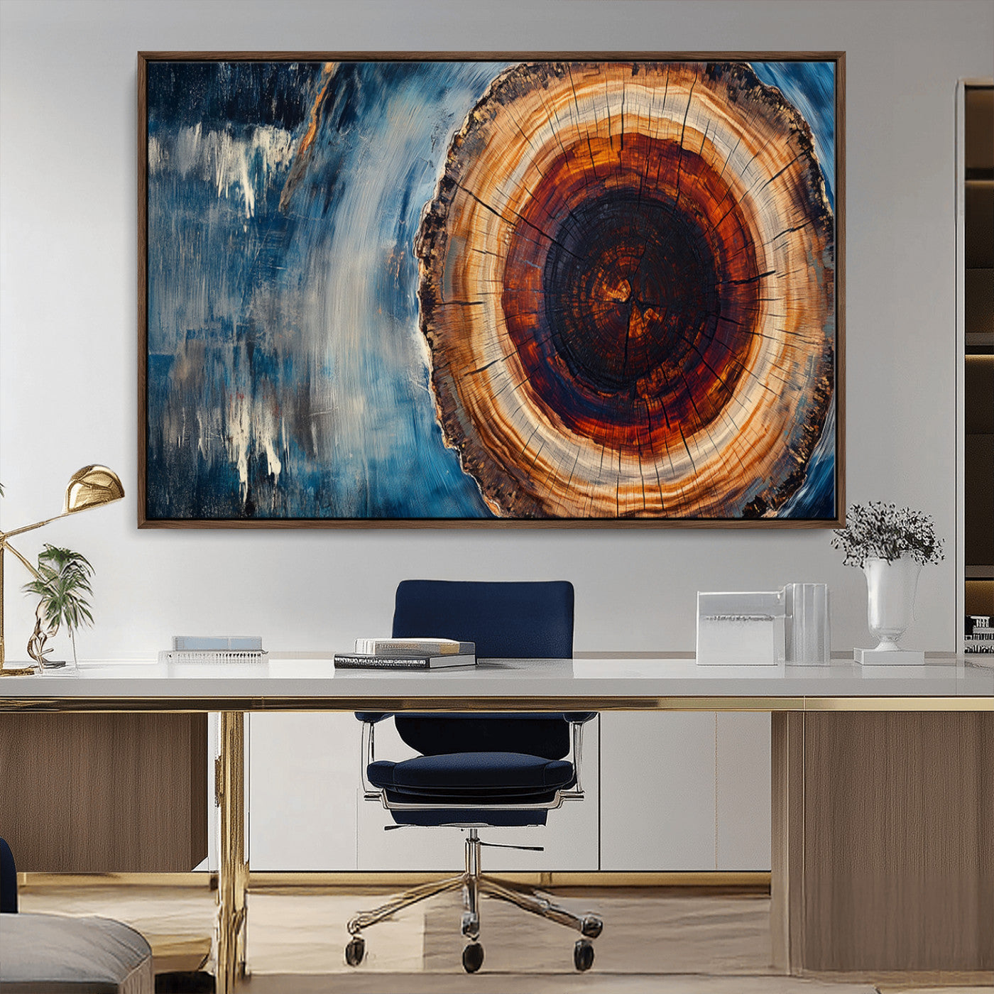 48045-MGV-FC-36X24_Walnut-Tree Ring Abstract Wall Art – Rustic Wood Grain Canvas Print with Brown Center and Blue Brush Strokes, Nature Inspired Artwork for