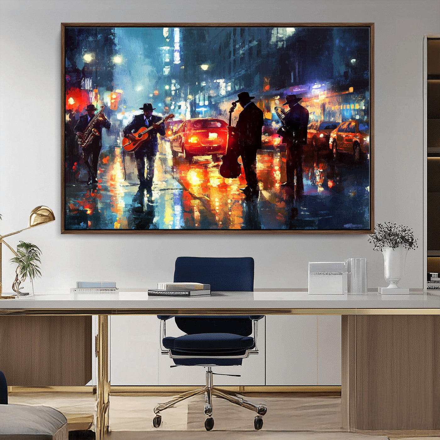 94605-MGV-CV-36X24-City Jazz Night Wall Art – Vibrant Music Canvas Print Featuring Saxophone, Guitar and Bass Players, Urban Street Scene Artwork for