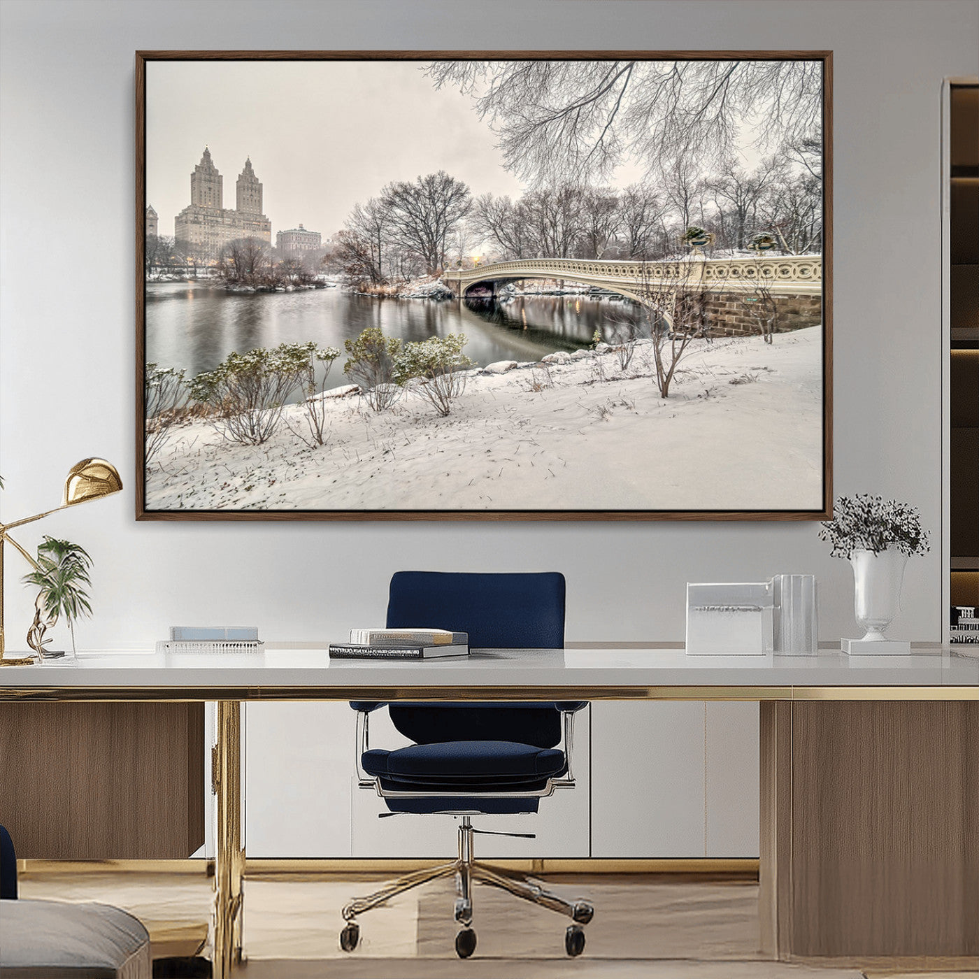 60292-MGV-CV-36X24-Central Park Winter Wall Art – Snowy Bow Bridge Canvas Print, Scenic New York City Landscape Photography for Living Room, Bedroom