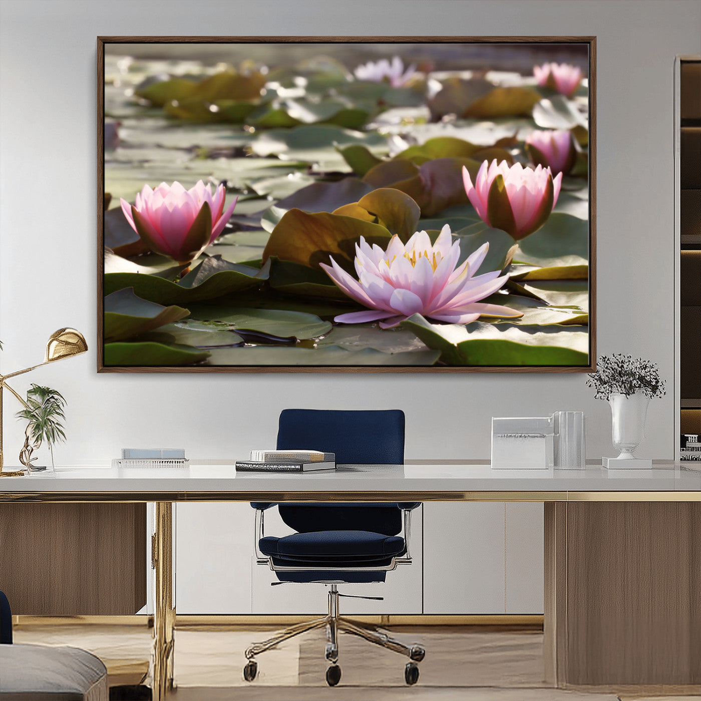 72218-MGV-CV-36X24-Water Lily Pond Wall Art – Pink Lotus Flowers Canvas Print with Green Lily Pads, Peaceful Botanical Artwork for Living Room,