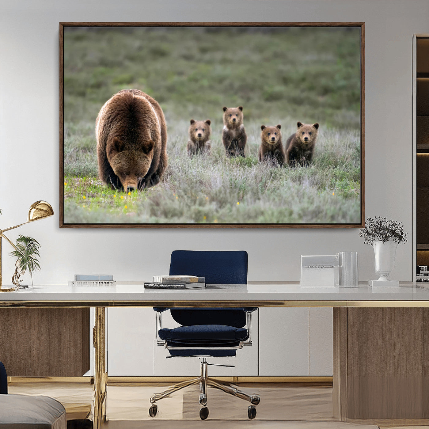 65087B-MGV-CV-36X24-Bear Family Wall Art – Wildlife Canvas Print Featuring Mother Bear with Cubs in Nature, Rustic Animal Artwork for Living Room,