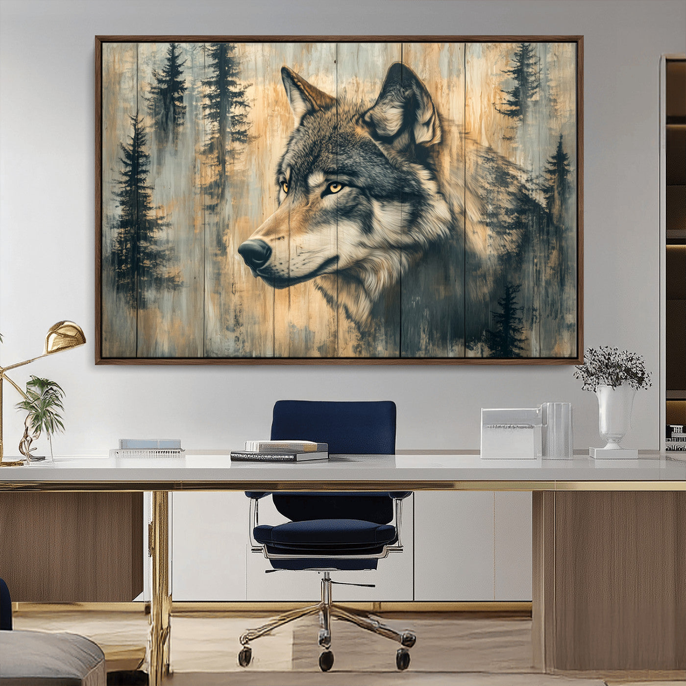51892-MGV-CV-36X24-Wolf Wall Art – Rustic Canvas Print of Wolf with Forest Trees on Wood Texture, Wildlife Lodge Artwork for Living Room, Bedroom,