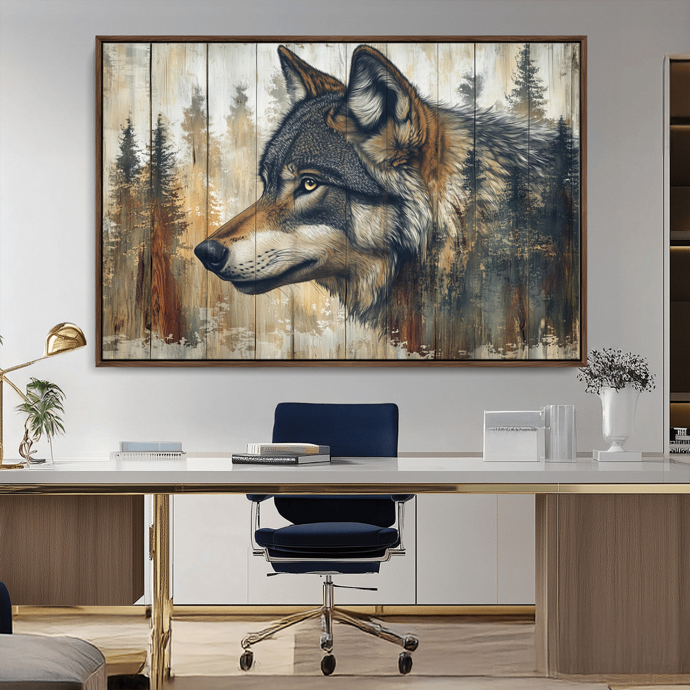 91882-MGV-CV-36X24-Wolf Wall Art – Rustic Canvas Print of Forest Wolf on Wood Background, Wildlife Lodge Artwork for Living Room, Bedroom, Cabin, or