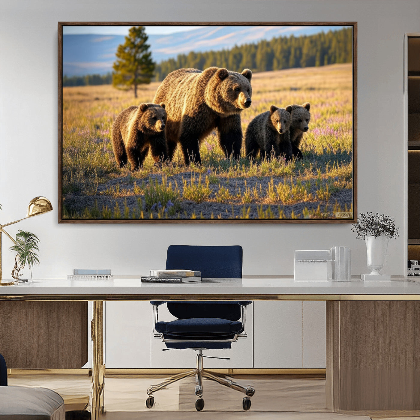 43400-MGV-CV-36X24-Bear Family Wall Art – Wildlife Canvas Print of Mother Bear with Cubs in Sunlit Meadow, Rustic Animal Artwork for Living Room,