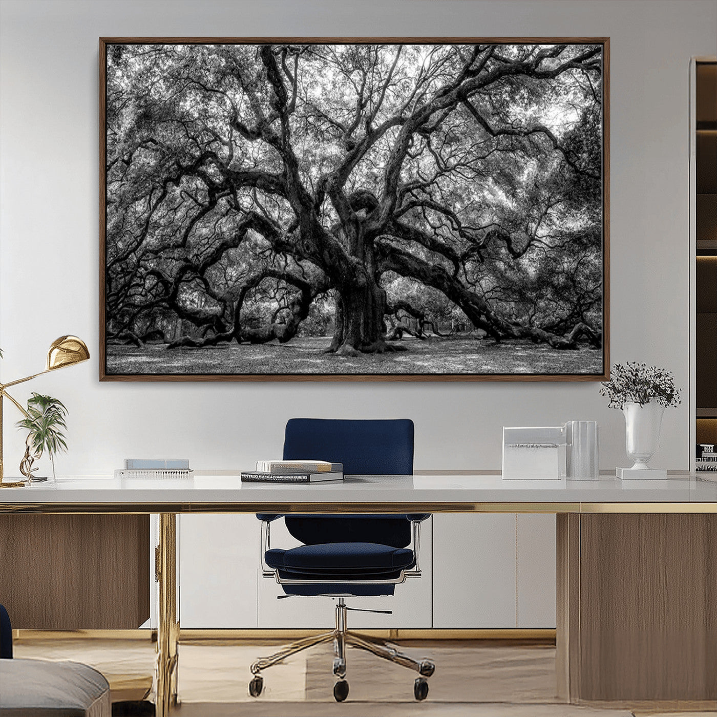 132944706-MGV-CV-36X24-Ancient Tree Wall Art – Black and White Photography Canvas Print Featuring Majestic Twisting Branches, Rustic Nature Artwork for