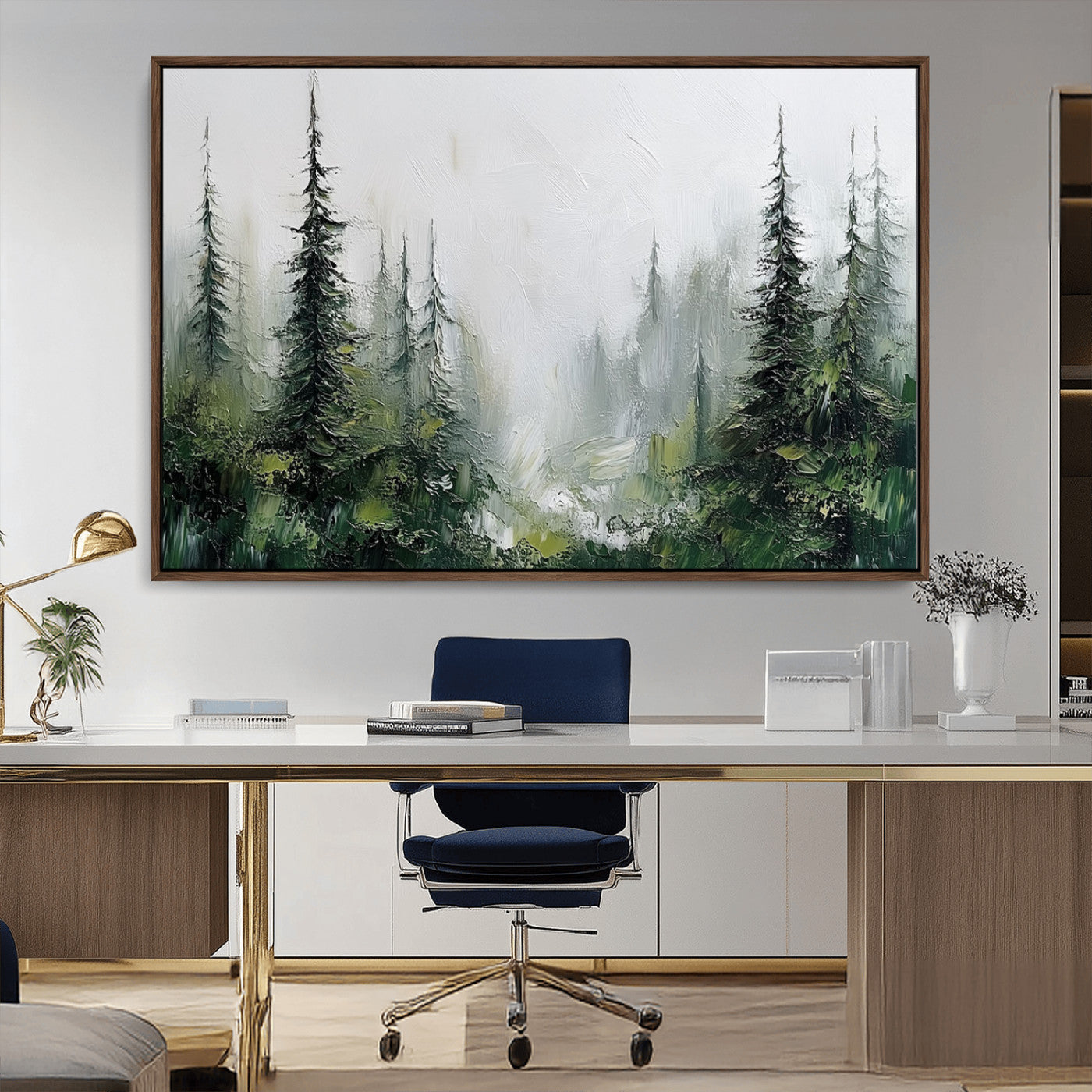 76014-MGV-CV-36X24-Forest Wall Art – Textured Canvas Print Featuring Misty Evergreen Pines and Woodland Landscape, Rustic Nature Artwork for Living
