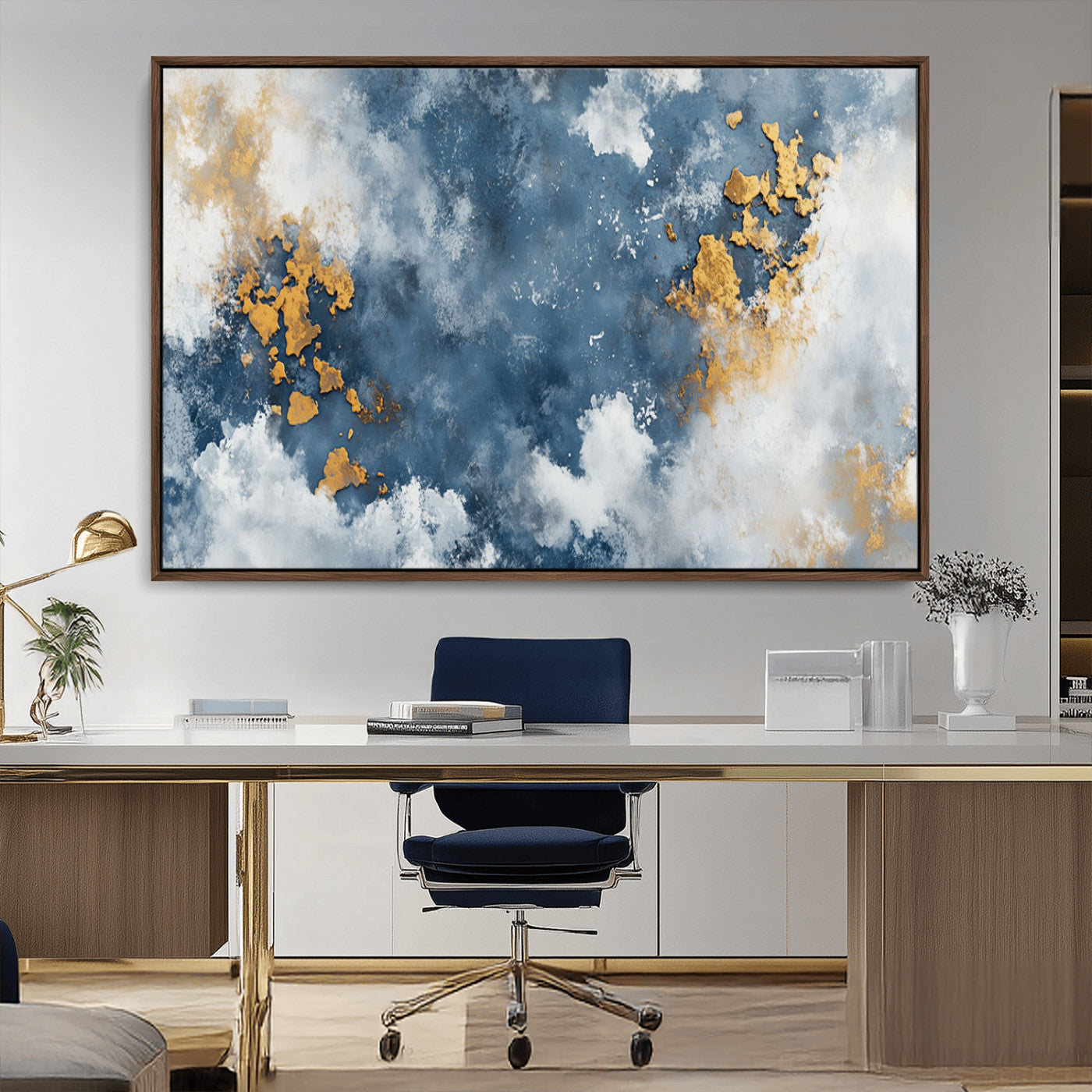 39575-MGV-CV-36X24-Blue and Gold Abstract Wall Art – Modern Canvas Print Featuring Cloudy Textures with Metallic Accents, Contemporary Artwork for