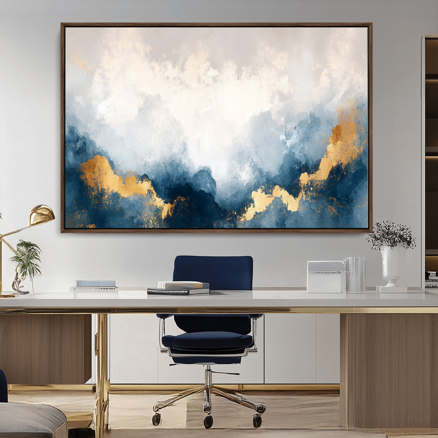14578-MGV-CV-36X24-Abstract Wall Art – Modern Canvas Print Featuring Blue and White Clouds with Golden Accents, Contemporary Elegant Artwork for