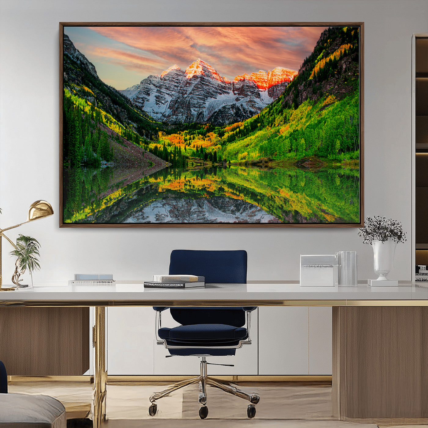 59533484-MGV-CV-36X24-Maroon Bells Autumn Wall Art – Panoramic Mountain Landscape Canvas Print, Sunset Reflection Nature Artwork for Living Room, Office