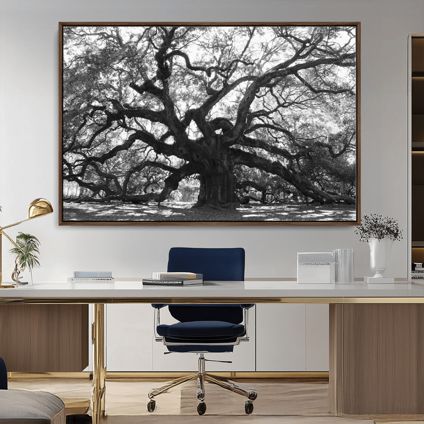 81655611-MGV-FC-36X24_Walnut-Ancient Oak Wall Art Canvas Print, Framed Twisted Branches Art Picture Print, Gnarled Tree Perfect Moody Nature Decor Artwork