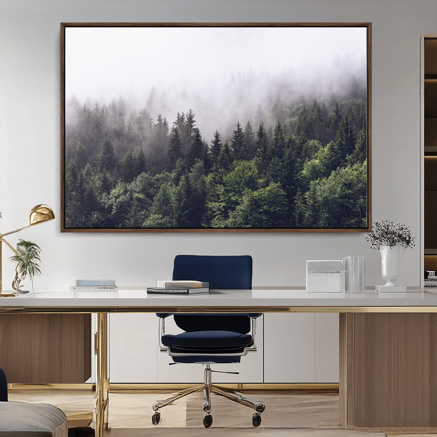 62890402-MGV-CV-36X24-Misty Forest Wall Art Canvas Print, Framed Foggy Pines Art Picture Print, Pine Valley Perfect Moody Woodland Decor Artwork