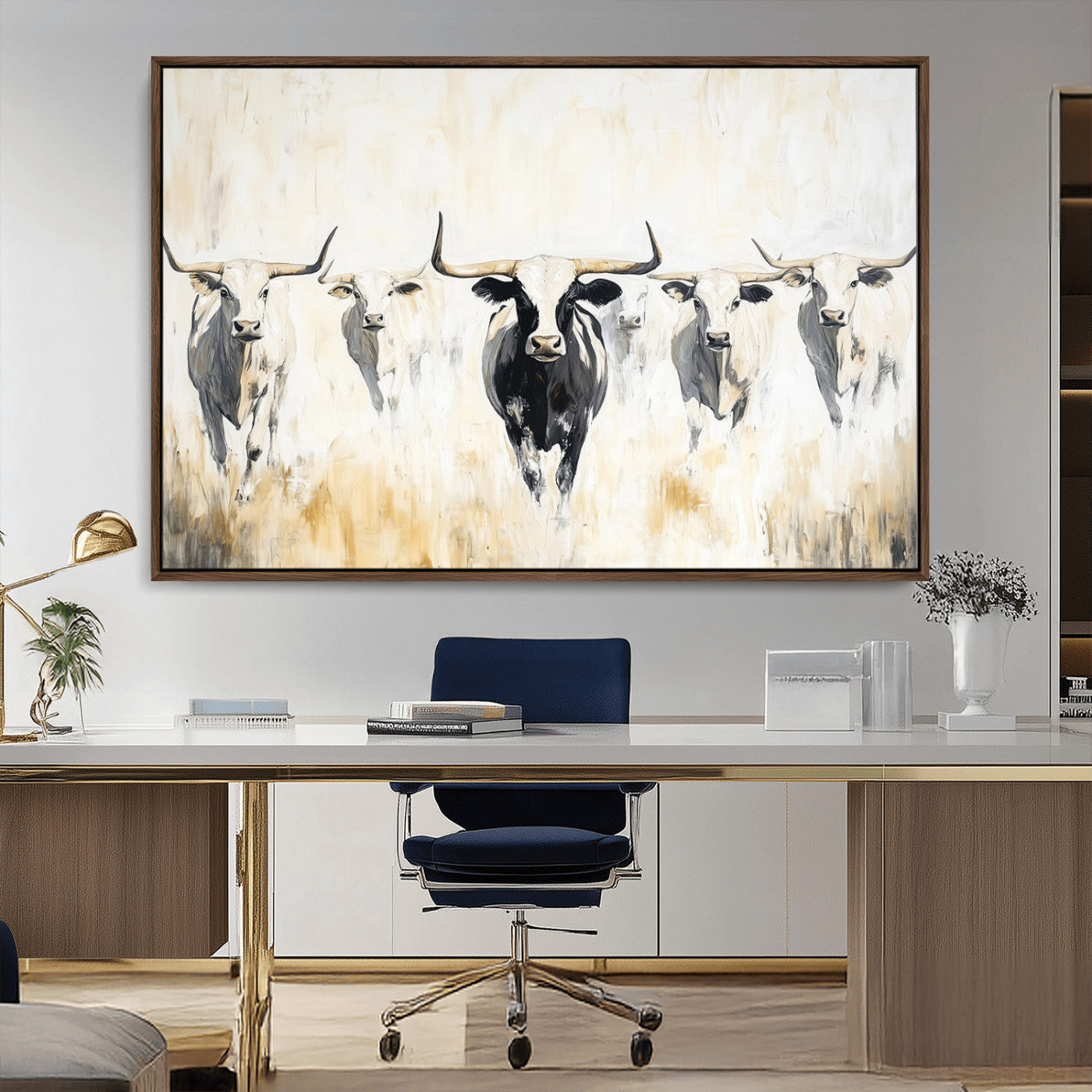 40397799-MGV-CV-36X24-Texas Longhorn Wall Art Canvas Print, Framed Rustic Herd Art Picture Print, Western Bull Perfect Neutral Western Decor Artwork