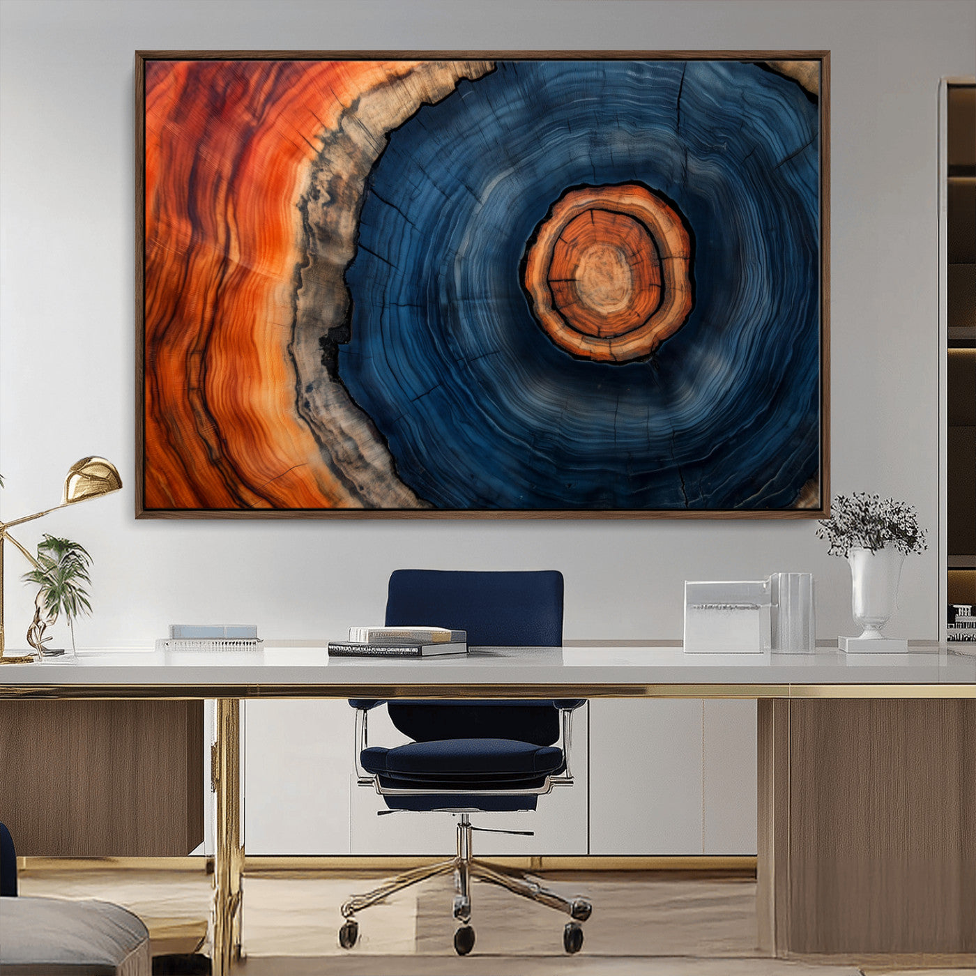 72209152-MGV-CV-36X24-Abstract Tree Ring Wall Art – Vibrant Blue Orange Wood Grain Canvas Print, Rustic Modern Nature Artwork for Living Room, Office,