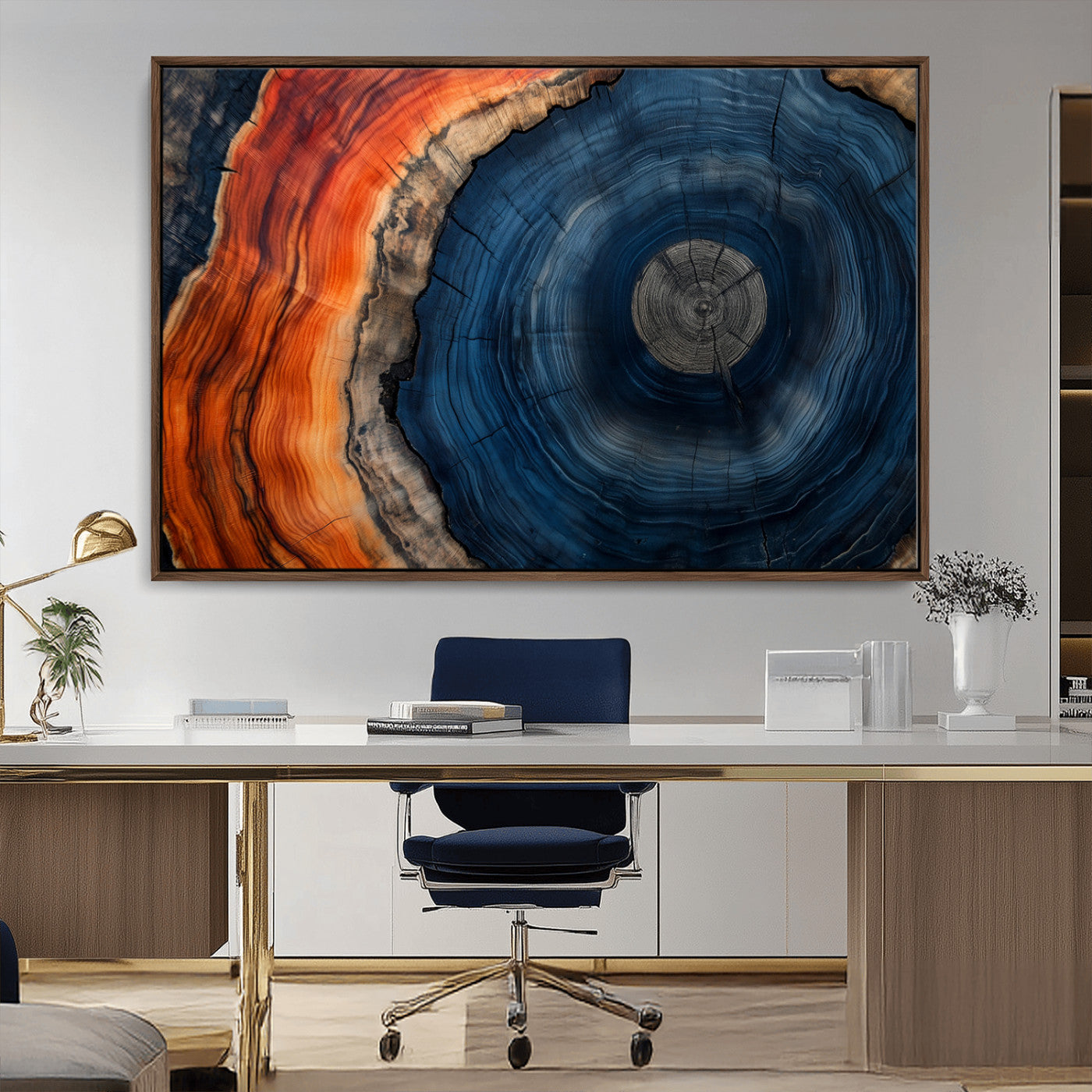 99491700-MGV-CV-36X24-Tree Ring Canvas Wall Art – Blue Orange Abstract Wood Grain Print, Rustic Modern Nature Artwork for Living Room, Office, Bedroom