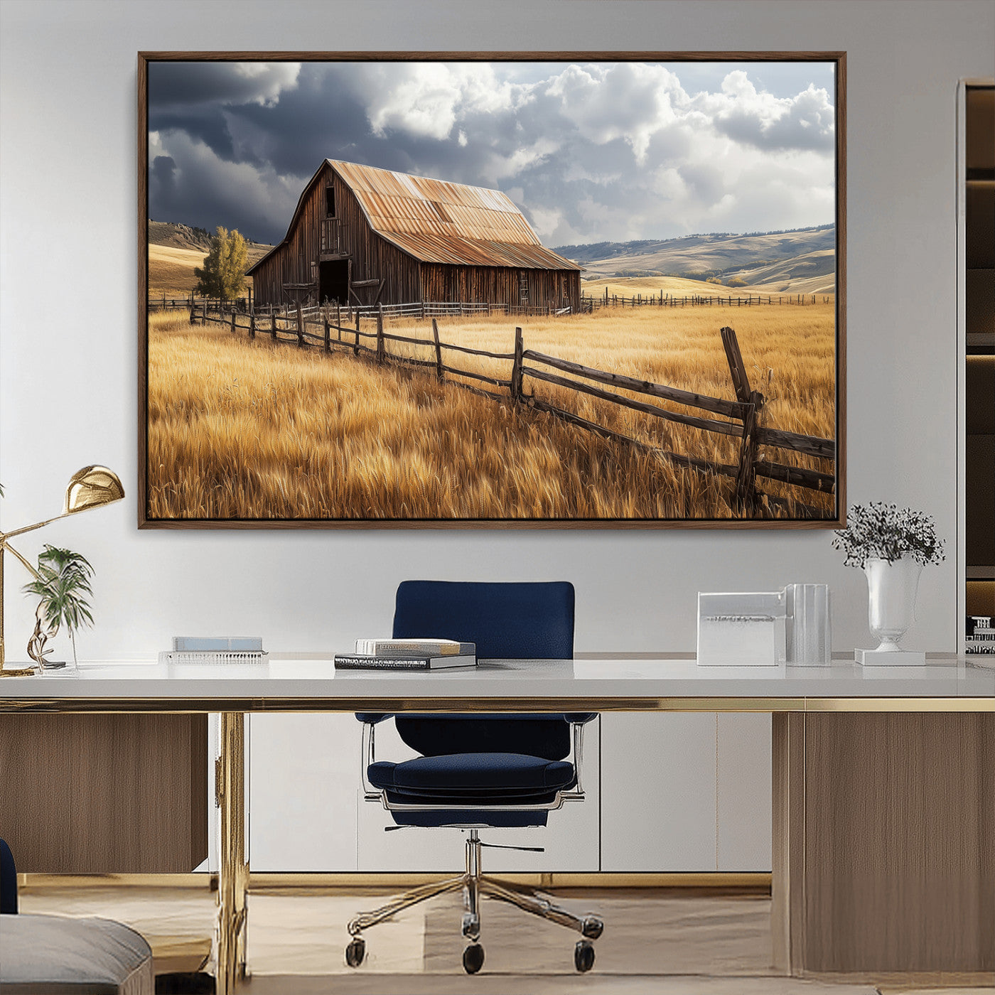 38758826-MGV-CV-36X24-Rustic Barn Wall Art Canvas Print, Framed Moody Barn Art Picture Print, Golden Field Perfect Rustic Farmhouse Decor Artwork