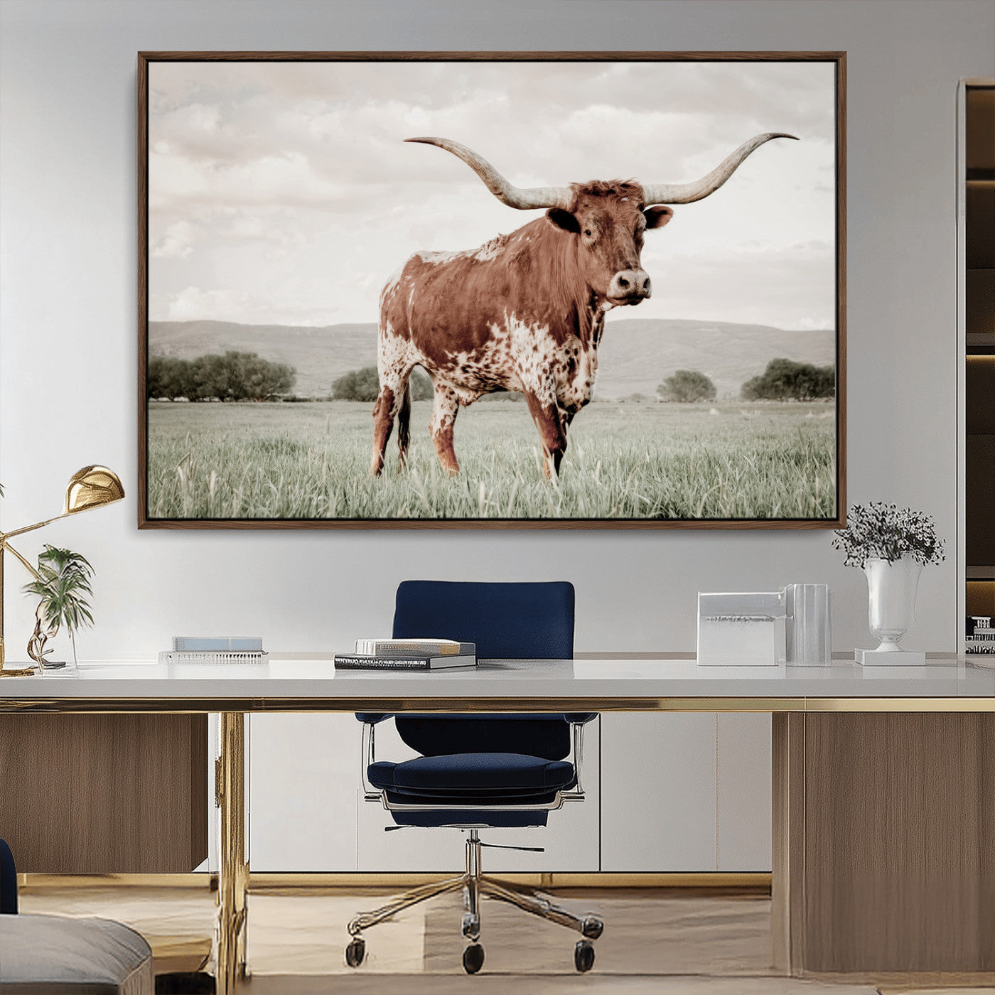 28309012-MGV-CV-36X24-Texas Longhorn Wall Art Canvas Print, Framed Spotted Cattle Art Picture Print, Horned Bull Perfect Rustic Western Decor Artwork