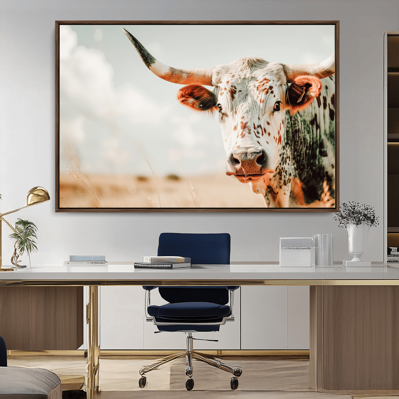 72766375-MGV-CV-36X24-Texas Longhorn Wall Art Canvas Print, Framed Spotted Cow Art Picture Print, Horned Cattle Perfect Rustic Western Decor Artwork