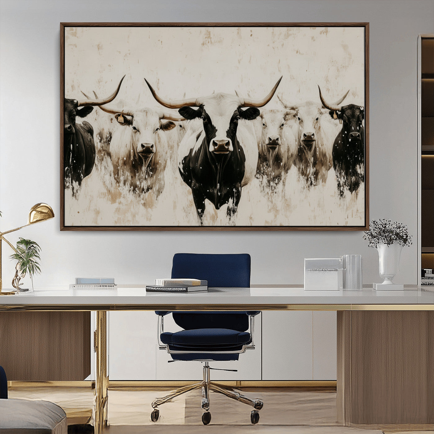 12027562-MGV-CV-36X24-Longhorn Cattle Wall Art Canvas Print, Framed Bison Herd Art Picture Print, Cattle Group Perfect Rustic Farmhouse Decor Artwork