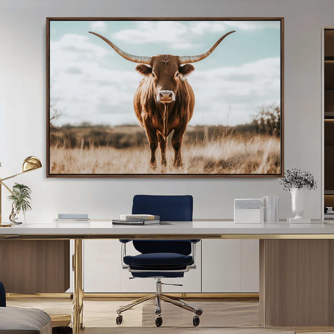 39350715-MGV-CV-36X24-Texas Longhorn Wall Art Canvas Print, Framed Longhorn Cow Art Picture Print, Western Cattle Perfect Rustic Western Decor Artwork