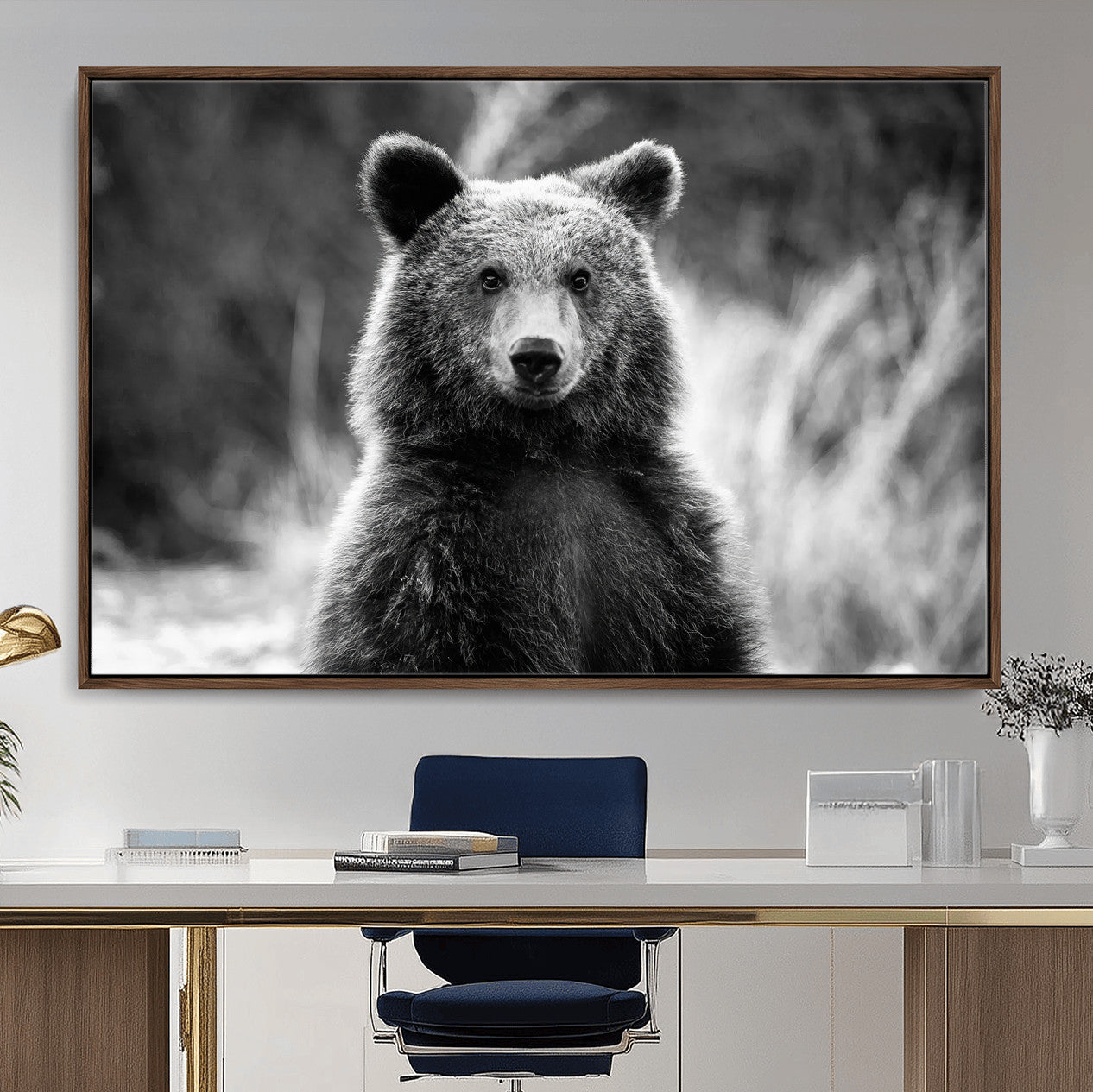 MGV-FC-36X24 - Grizzly Bear Wall Art Canvas Print, Framed Black White Bear Art Picture Print, Wild Bear Perfect Rustic Wildlife Decor Artwork