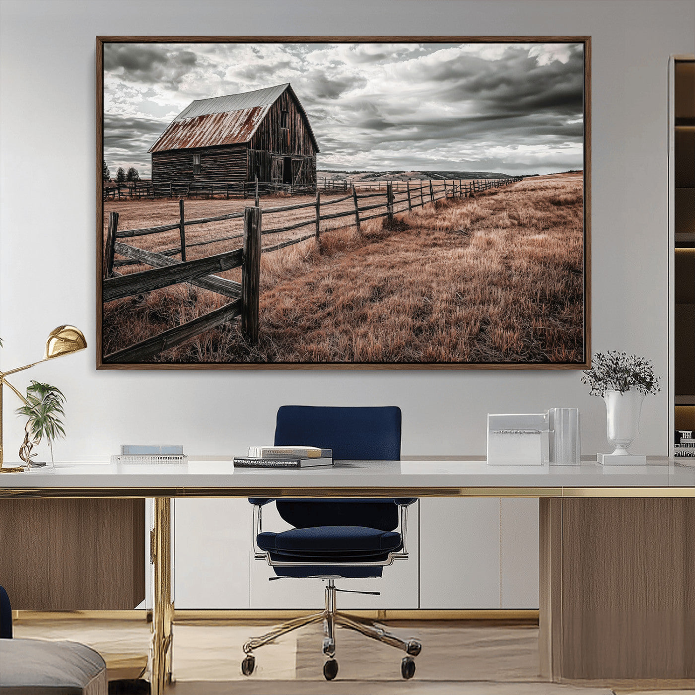 73898372-MGV-CV-36X24-Rustic Barn Wall Art Canvas Print, Framed Moody Field Art Picture Print, Weathered Fence Perfect Moody Farmhouse Decor Artwork